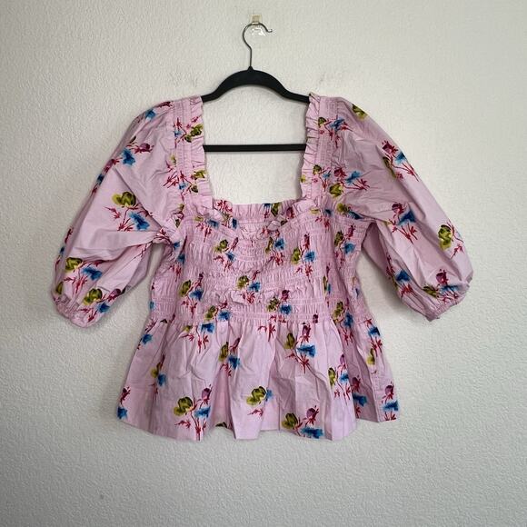 Ganni Lilac Floral Smock Top Square Neck Puff Sleeve Spring Size 44 New V13 - Picture 10 of 13